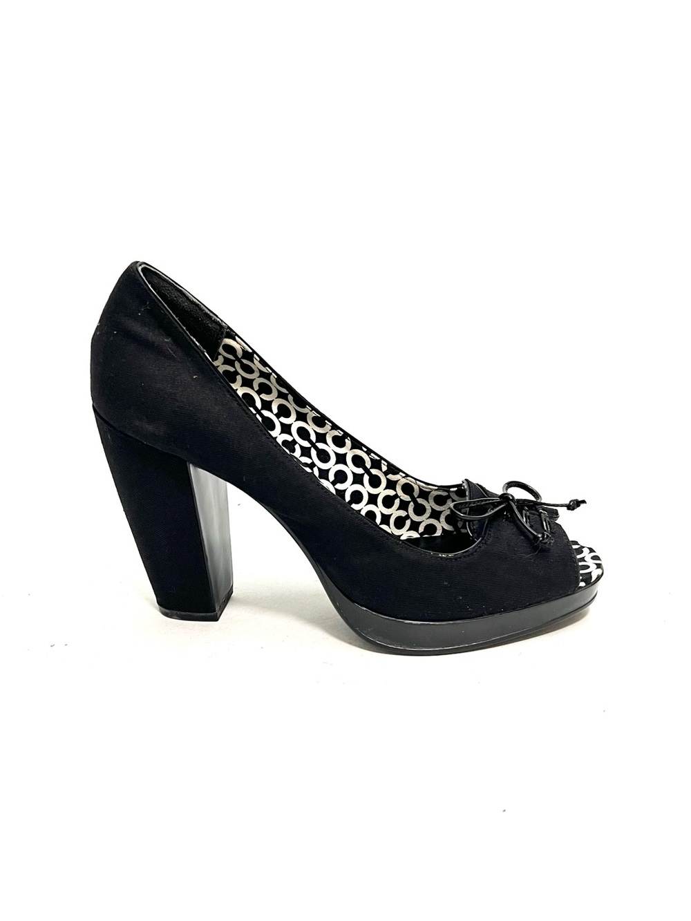 COACH | Vintage Y2K deadstock black fabric lace up bow peep toe platform heels